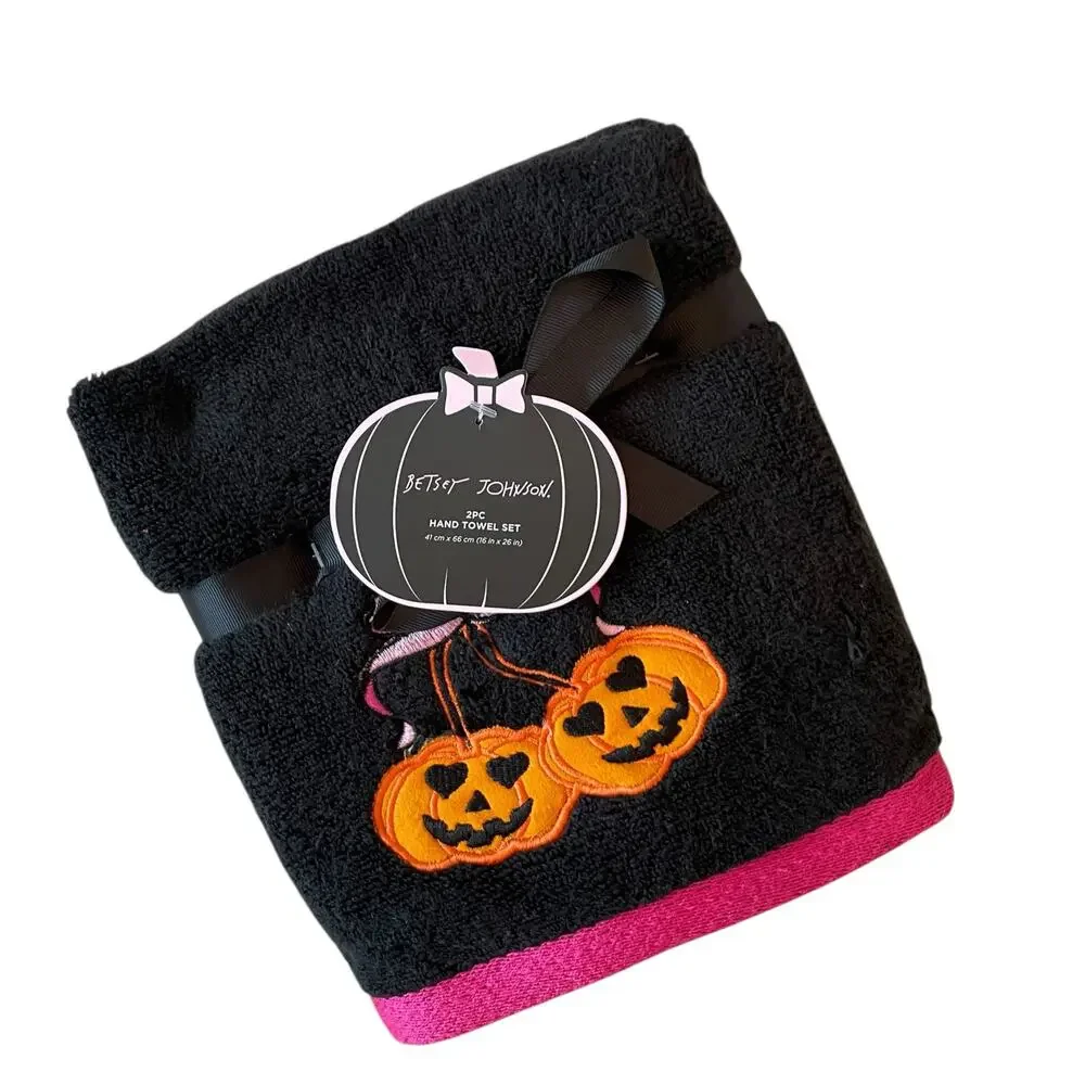 2pc Betsey Johnson Halloween Hand Towel 16x26 Cotton Embroidered Pumpkin Bow NEW